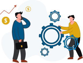 illustration of business man carrying a briefcase and an software engineer working with gears