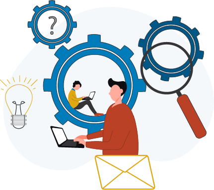illustration of a man on a laptop with gears in the backround and a woman sitting in one gear working on a laptop on her knees
