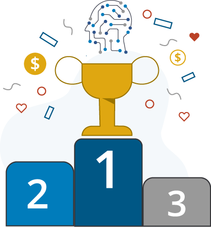 illustration of a winner stand numbered one to three and trophy on the top with an ai graph side profile of a head above the trophy