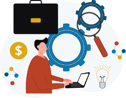 illustration of a business man on a laptop and technical icons for gears and graphs in the background