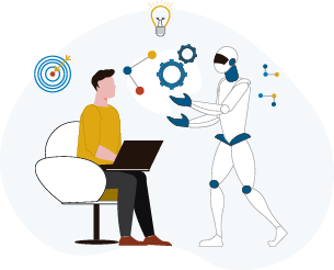 illustration of a human sitting in a chair collaborating on a graph and gears with an ai machine that is facing him