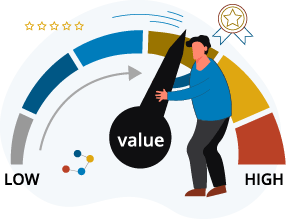 illustration of a speedometer with a dial that says value being moved to the highest setting by a man in a blue shirt
