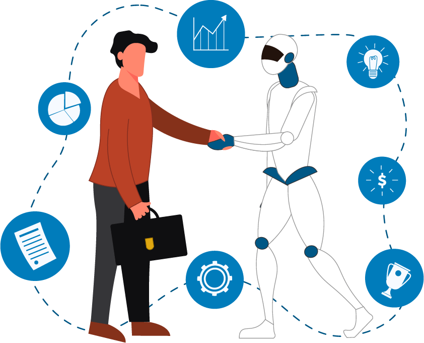 illustration of a man in red shirt holding a black brief case shaking hands with a humanoid robot with both standing among circles containing icons for paper, charts, ideas, money, gears and success, all connected by dotted lines