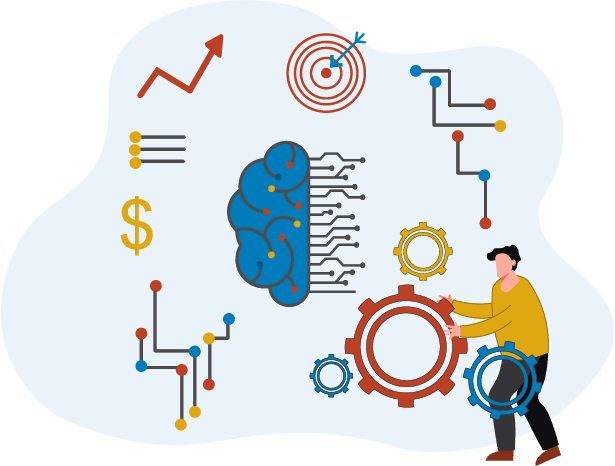 illustration of a man in yellow shirt on the right side turning a red gear connected to two blue gears and a yellow gear, and above the gears in the center is a top view brain graph surrounded by icons for money, bullseye, checklist, trend arrow and graphs