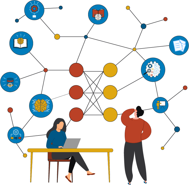 illustration of a graph with icons for people places and things at the left and right side and two rows of red and yellow circles fully connected to each other with lines in the middle connecting the left and right side of the graph with a woman in blue shirt using a laptop at a desk and man in red shirt examining the graph in the foreground