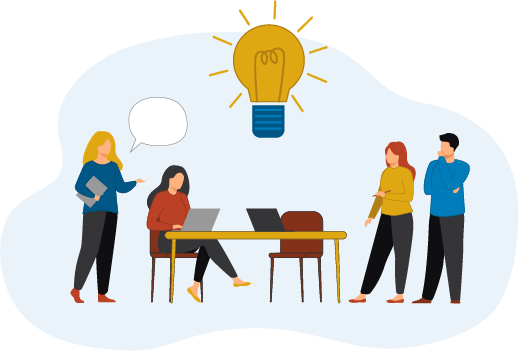 illustration of team of men and women standing and sitting around a table with laptops and notepads with an idea ligh bulb above the table