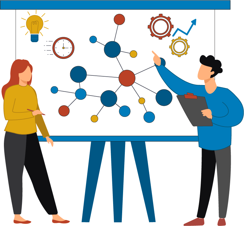 illustration of a woman in a yellow shirt on the left and man in a blue shirt on the right, both standing in front of a whiteboard with a graph model containing twenty circles of blue, red and yellow colors connected by lines, a clock, a light bulb and two gears with a blue trend line coming out of them up and to the right