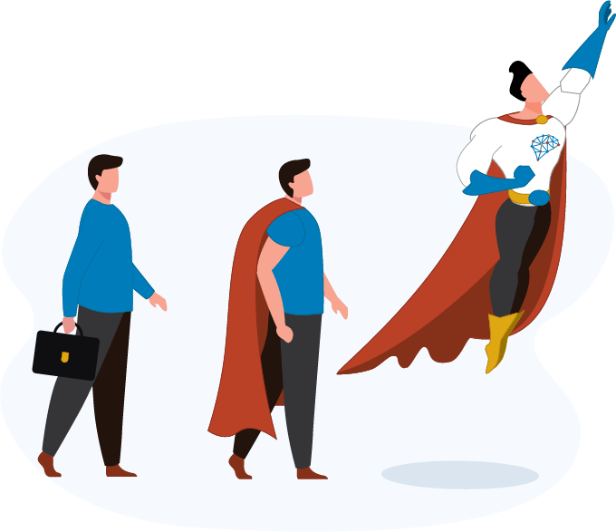 illustration of transformation starting at the left with a man in blue shirt walking with a brief case, to the same man now wearing a red super hero cape to now on the right the man in a full super hero suit flying off with one arm raised and a graph brain icon on his chest