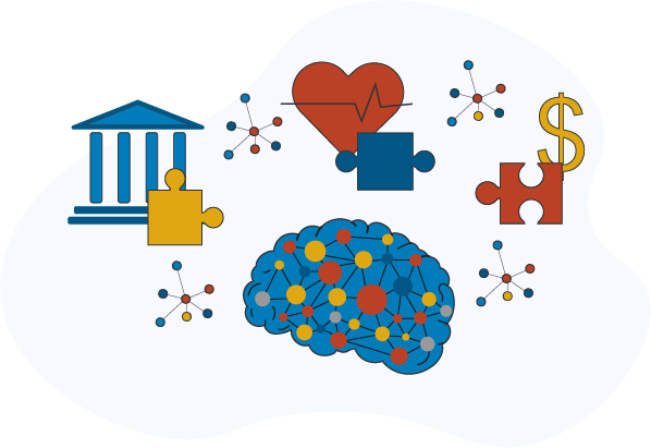 illustration of side view graph brain with twenty node graph inside it surrounded by icons for government building, heart measurement, dollar sign each with a puzzle piece and graph