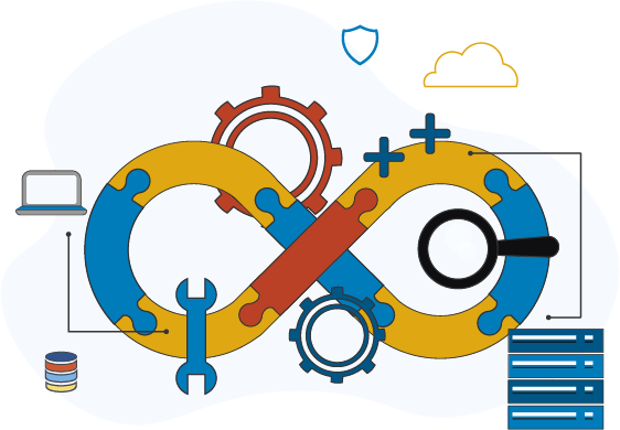 illustration of an infinity sign made from connecting puzzle pieces with icons around it for database, laptop, gears, shield, cloud and servers