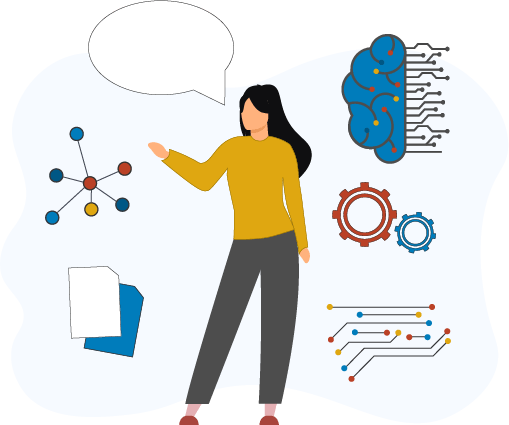 illustration of a woman in a yellow shirt with a speaking bubble and around here are icons for paper, seven node graph, directed graph, red and blue gears, and side view graph brain