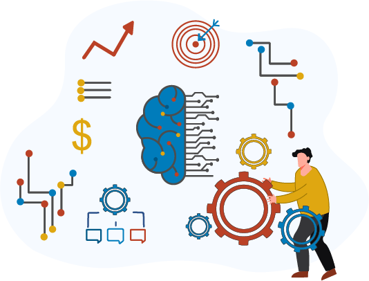 illustration of a man in yellow shirt on the right side turning a red gear connected to two blue gears and a yellow gear, and above the gears in the center is a top view brain graph surrounded by icons for money, bullseye, checklist, trend arrow, graphs and a gear connected to three text boxes