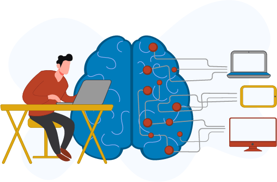 illustration of man in red shirt at desk with laptop next a top view graph brain with connections out to its right going to three different computer display screens