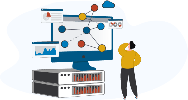 illustration of a man in yellow shirt standing in front of a computer server with monitor displaying ten node graph with icons for bar charts, cloud and text around it